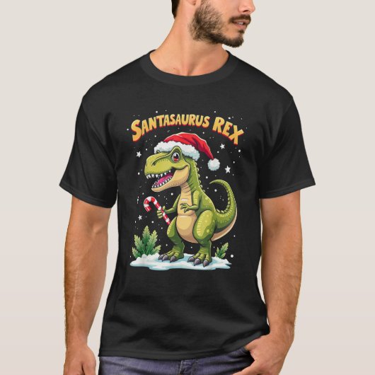 Santasaurus Rex Funny Dinosaur xmas Santa Hat Cand Tシャツ (正面)