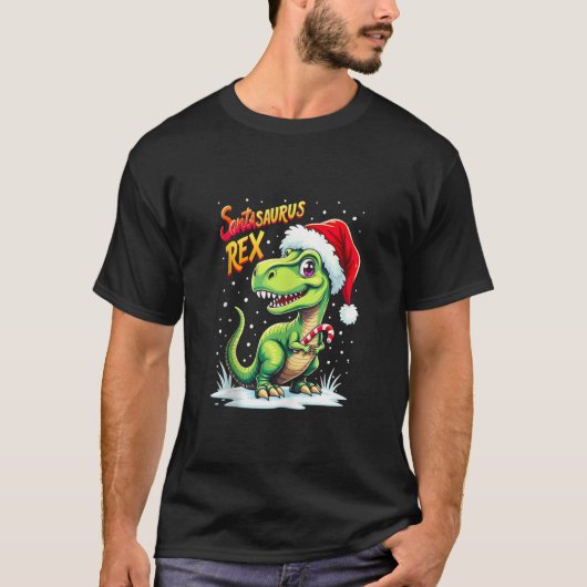 Santasaurus Rex Funny Dinosaur xmas Santa Hat Cand Tシャツ (正面)