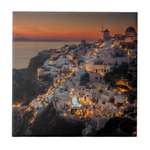 Santoriniの日没、ギリシャ タイル