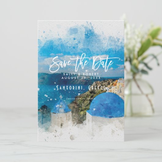 Santoriniギリシャの夏の結婚式の保存日付カード サンキューカード (スタンド正面)