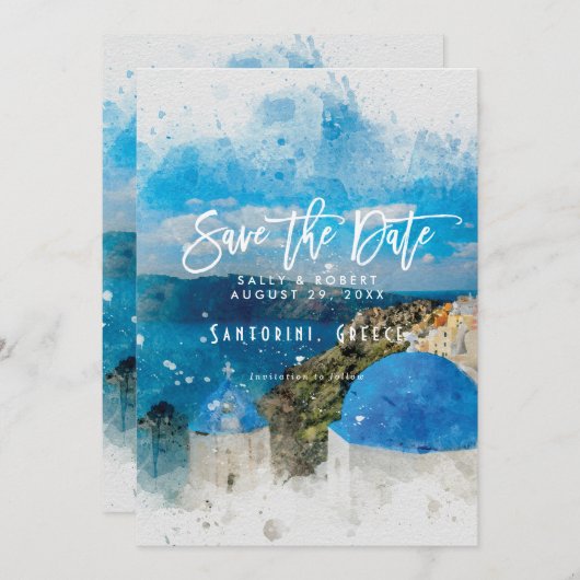 Santoriniギリシャの夏の結婚式の保存日付カード サンキューカード (正面/裏面)