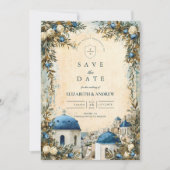 Santorini Blue Dome Botanical Destination Wedding セーブザデート (正面)
