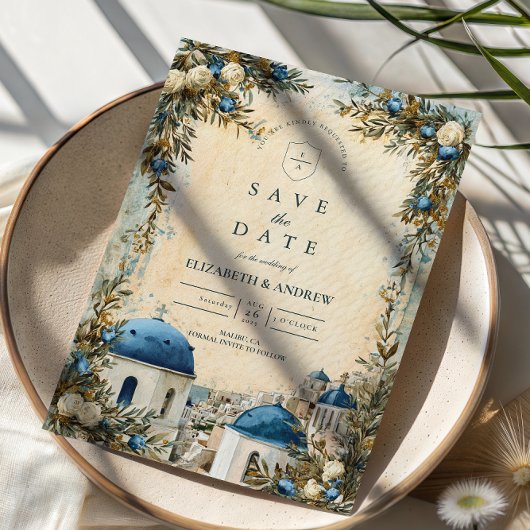 Santorini Blue Dome Botanical Destination Wedding セーブザデート
