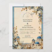 Santorini Blue Dome Botanical Wedding 招待状 (正面)