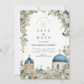 Santorini Blue Domes Botanical Wedding セーブザデート (正面)