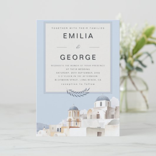 Santorini Destination Wedding | Blue & White  招待状 (スタンド正面)