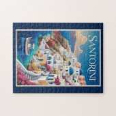 Santorini Greece Illustration Travel Art Vintage ジグソーパズル (横)