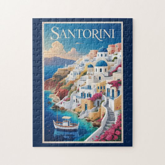 Santorini Greece Illustration Travel Art Vintage ジグソーパズル (縦)
