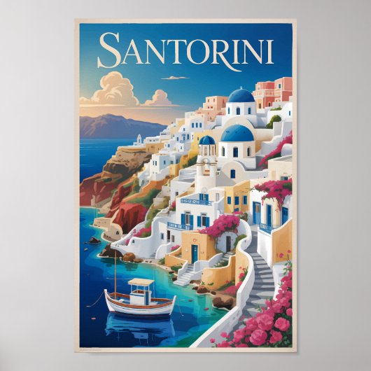 Santorini Greece Illustration Travel Art Vintage ポスター (正面)