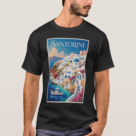 Santorini Greece Illustration Travel Art Vintage Tシャツ (正面)