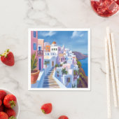 Santorini Greece Painting Watercolor Travel スタンダードカクテルナプキン (インサイチュ)