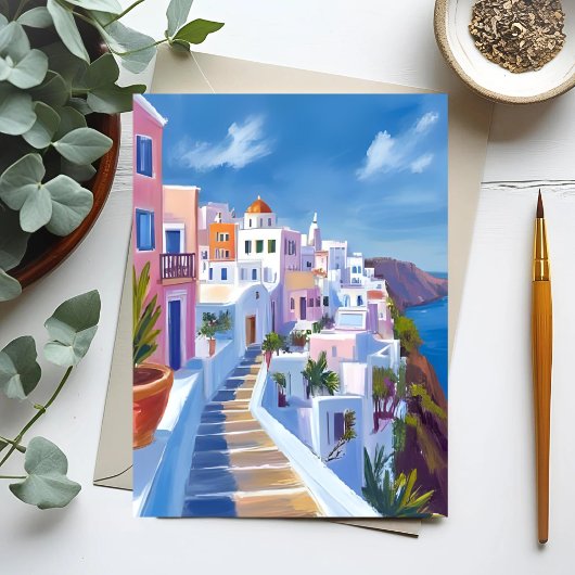 Santorini Greece Painting Watercolor Travel ポストカード