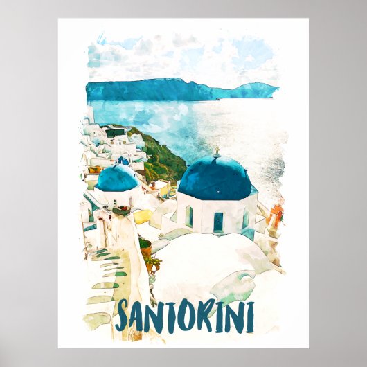 Santorini Greece Travel Watercolor Poster ポスター (正面)