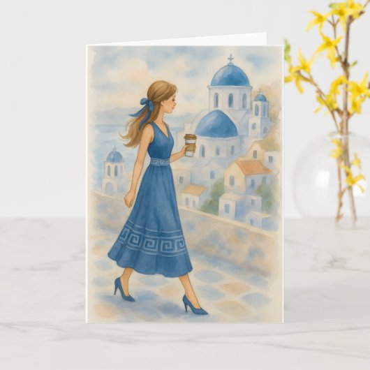 Santorini Greece Watercolor カード (黄色い花)