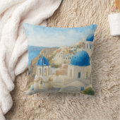 Santorini Greece Watercolor Blue Dome Church クッション (ブランケット)