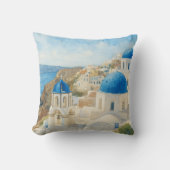 Santorini Greece Watercolor Blue Dome Church クッション (正面)