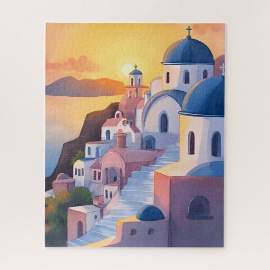 Santorini, Greece | Watercolor Coastline Sunset ジグソーパズル (縦)