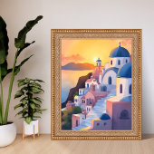 Santorini, Greece | Watercolor Coastline Sunset ポスター