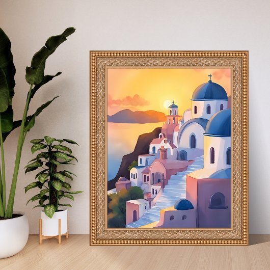 Santorini, Greece | Watercolor Coastline Sunset ポスター