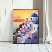 Santorini, Greece | Watercolor Coastline Sunset ポスター