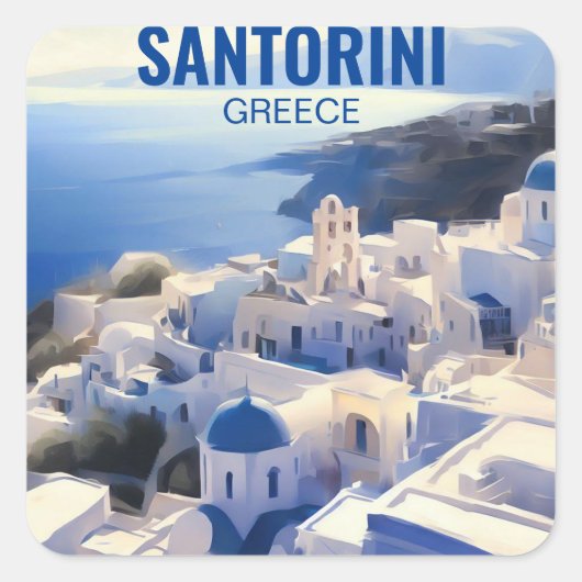 Santorini Greece Watercolor Painting スクエアシール (正面)