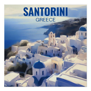 Santorini Greece Watercolor Painting ポスター