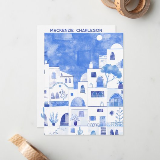 Santorini Greece Watercolor Personalized ノートカード (正面/裏面インサイチュ)