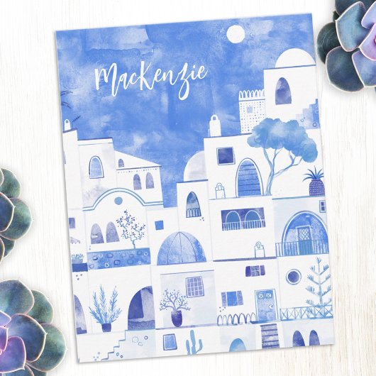 Santorini Greece Watercolor Personalized ノートカード