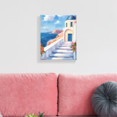 Santorini Greece Watercolor Travel キャンバスプリント (インサイチュ (リビング))