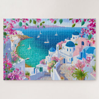 Santorini Island Greece Watercolor Painting ジグソーパズル