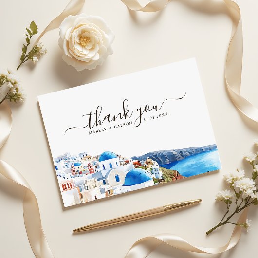 Santorini Island Watercolor Destination Wedding サンキューカード