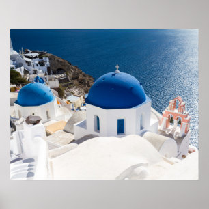 Santorini - Oiaポスターの青い半球形教会 ポスター