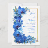 Sapphire Azure Gilded Orchid Botanical Wedding 招待状 (正面)
