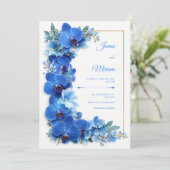 Sapphire Azure Gilded Orchid Botanical Wedding 招待状 (スタンド正面)