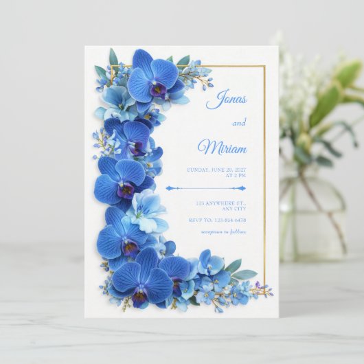 Sapphire Azure Gilded Orchid Botanical Wedding 招待状 (スタンド正面)
