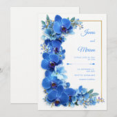 Sapphire Azure Gilded Orchid Botanical Wedding 招待状 (正面/裏面)