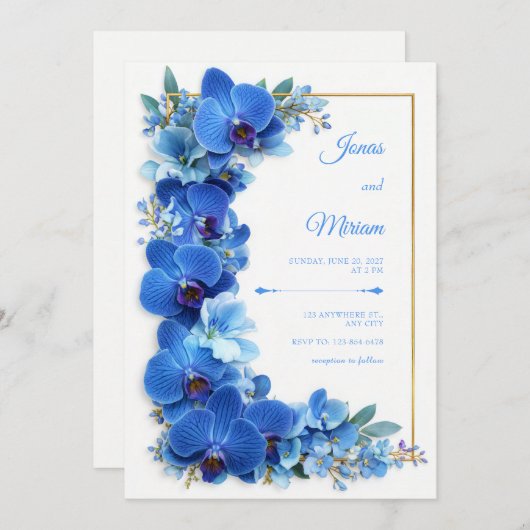 Sapphire Azure Gilded Orchid Botanical Wedding 招待状 (正面/裏面)