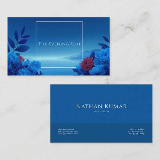 Sapphire Blue Floral Modern Geometric Ocean 名刺 (正面/裏面)