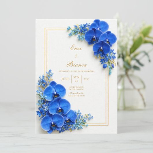 Sapphire Blue Gilded Orchid Botanical Wedding 招待状 (スタンド正面)
