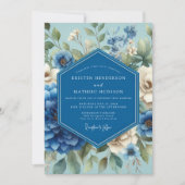 Sapphire Blue Painterly Bloom Wedding 招待状 (正面)
