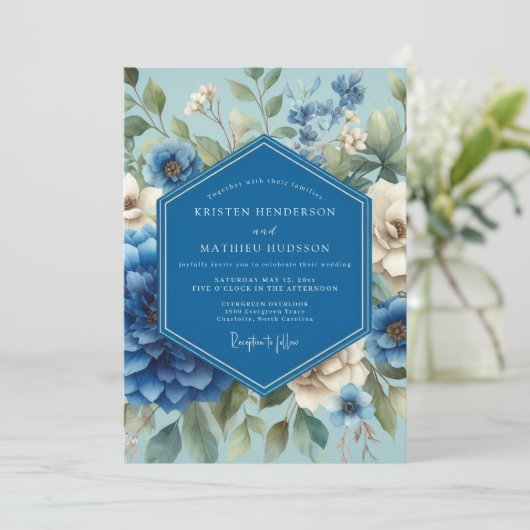 Sapphire Blue Painterly Bloom Wedding 招待状 (スタンド正面)