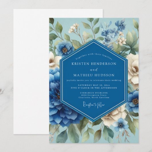 Sapphire Blue Painterly Bloom Wedding 招待状 (正面/裏面)