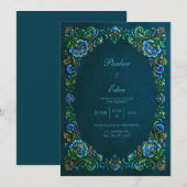 Sapphire Teal Floral Wedding 招待状 (正面/裏面)