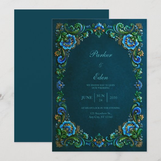 Sapphire Teal Floral Wedding 招待状 (正面/裏面)