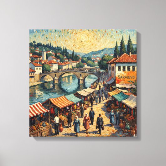 Sarajevo Riverside Bazaar Scene Canvas Art キャンバスプリント (正面)