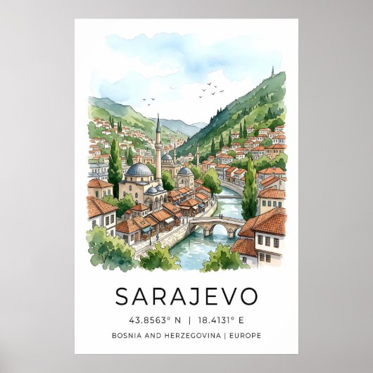Sarajevo Watercolor Print, Cityscape with Mosque ポスター (正面)