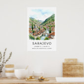 Sarajevo Watercolor Print, Cityscape with Mosque ポスター (キッチン)