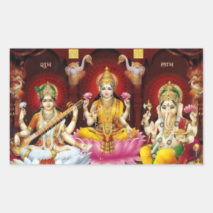 Saraswati、Lakshmi、及びGaneshaのステッカー 長方形シール