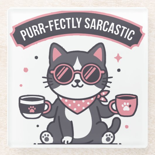 Sarcastic Cool Cat Bandana Coffee Lover Gift ガラスコースター (正面)