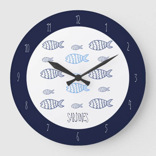 Sardines Coastal Line Art Kitchen Wall Clock ラージ壁時計 (正面)